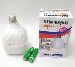 Світлодіодна LED акумуляторна лампа (знімні 2 × 18650 або батарейки 3 × AAA) автономна аварійна 30 W 10 × 16 см лампочка, цоколь E27 UKC 2919