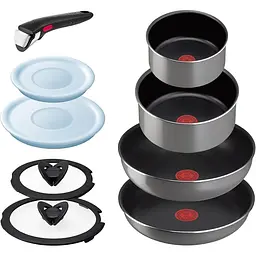 Великий набір Tefal Ingenio з 9 предметів, серії Fraise Grey, з титановим антипригарним покриттям.