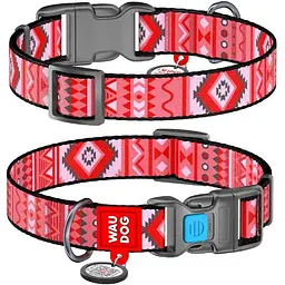Нашийник для собак Waudog Nylon нейлоновий c QR паспортом, малюнок Етно червоний, пластиковий фастекс, L, Ш 25 мм, Дов 31-49 см