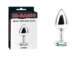 Анальная металлическая пробка с камнем в форме сердца Chisa Hi-Basic Blue Gem Anal Plug, 7.1х2.8 см, серебристый с голубым