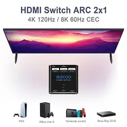 HDMI-перемикач 8K60 Гц 2 входи 1 вихід, 4K120 Гц 2X1 з кнопковим перемикачем, підтримує 48 Гбіт/с, CEC, ARC - мініатюра 9