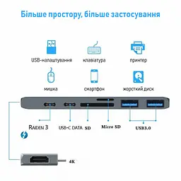 USB-хаб XON SmartHub Pro 7 в 1 (HDMI, SD/TF, 2xType-C, 2xUSB3.0) Сірий (UHCCP074300G 5191) - мініатюра 5