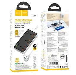 Мережевий фільтр подовжувач Hoco AC8-A 3 розетки + 3 USB+USB-C 30W 220В кабель 15м Black-White - мініатюра 4