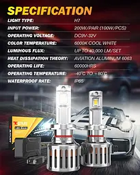 Світлодіодна лампа для фар KATUR H7, 200 Вт 40000 LM 6000 K Біла 900% Яскравість Супер'яскрава 360 градусів Регульований кут проме - мініатюра 6