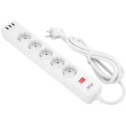Мережевий фільтр-подовжувач 2E SP515M2-USB-WH 5хSchuko, 3xUSB, 2 м, 5розеток, 16A, 3.68 кВт