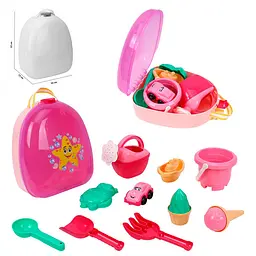 Набір для гри з піском 0310 ТехноК, рюкзак, відро, лопатка, граблі, формочки для піску (4823037610310) - мініатюра 6
