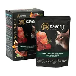 Набір вологих кормів Savory 3+1 для дорослих кішок, ягня з буряком у соусі, паучі, 4 шт. 85 г