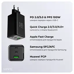 Зарядний пристрій мережевий MAKE 100W GaN3 2xType-C PD3.0 + USB QC4.0 Black - мініатюра 3