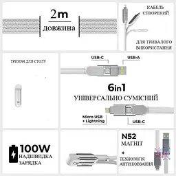 Кабель Rolling Square 6in1, inCharge XL 2 м, білий (XLM02R) - мініатюра 2
