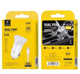 Автомобільний зарядний пристрій SkyDolphin SZ09L (2USB, 3.4A) White + кабель Lightning (AZP-000108)