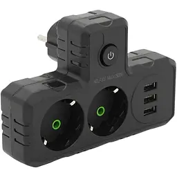 Розетка двойник с заземлением Voltronic F-302 Black, 2 розетки+3USB (1А), 2500W, 10A, 220V