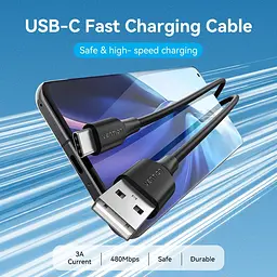 Кабель USB 2.0 AM-Type-CM, 3.0 м, 60W PVC чорний Vention - мініатюра 4