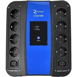 Джерело безперебійного живлення (ДБЖ) Ritar U-Smart-1000  (600W), LED, AVR, 3st, 8xSCHUKO socket, 1x12V9Ah, USB x2, RJ45, plastik Case