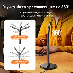 Настільний мікрофон для комп’ютера UGREEN CM564 з підключенням USB-A без шумозаглушення всеспрямований 360° 16 біт 48 кГц з регулятором гучності мікрофона з вимкненням мікрофона та світлодіодною індикацією з аудіовиходом 3,5 мм для навушників або колонок для Windows macOS Linux з автоматичним розпізнаванням при підключенні на гнучкій стійці з протиковзними накладками на основі чорний (90416) - мініатюра 5