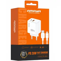 МЗП Amaya E77D PD20W+QC3.0 (1USB-A/1C) + кабель USB to MicroUSB White - мініатюра 2