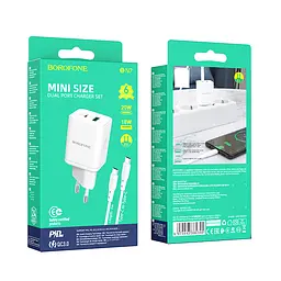 МЗП Borofone BN7 PD20W+QC3.0 (1USB-A/1C) + кабель Type-C to Type-C White - мініатюра 6