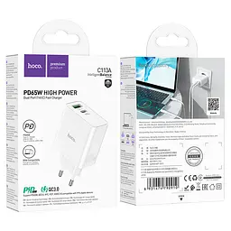 СЗУ HOCO C113A 110-240V, PD65W+Q3.0, USB+Type-C, White, Box - мініатюра 6