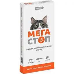 Краплі на холку для котів ProVET Мега Стоп від зовнішніх та внутрішніх паразитів від 4 до 8 кг 4 піпетки по 1 мл (PR020074)