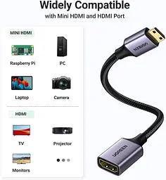 Кабель Ugreen Mini HDMI штекер to HDMI 2.0 роз'єм 4K 60Hz 25CM Space Gray Aluminum Shell Braided (90593) - мініатюра 6