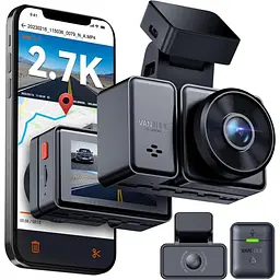 VANTRUE E2 Dash Cam Передня та задня камера з голосовим керуванням, подвійна 2.7K відеореєстратор, Wi-Fi, GPS
