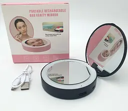 Кишенькове дзеркало акумуляторне з LED підсвічуванням подвійне косметичне з регулюванням яскравості USB UKC MakeUp D8 чорний