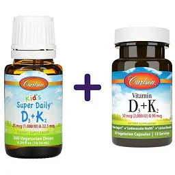 Набір: вітамін D3+K2 для дітей Carlson Kid's Super Daily D3+K2 1000 МО 22.5 мкг у краплях 10.16 мл  + вітамін D3+K2 Carlson Vitamin D3+K2 2000 МО 90 мкг 30 вегетаріанських капсул