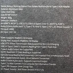 Адаптер Baseus Working Station Four-Screen Multifunctional Type-C Hub Adapter CAHub-HG0G - мініатюра 5