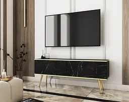 Тумба під телевізор Perfect Home Оро / Oro 2-дверна з золотими ніжками RTV135 Чорний мармур роял (PFH-091323)
