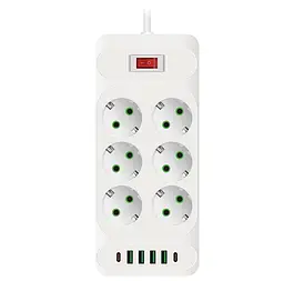 Мережевий фільтр-подовжувач Voltronic 33U, 6 розеток EU+4xUSB+2xPD, 2 м, 3×0,75 мм, 2500 Вт, білий - мініатюра 1