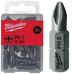 Біта MILWAUKEE, PH2, 25мм, (25 шт), пластикова коробка
