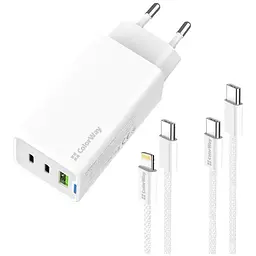 Зарядний пристрій ColorWay GaN Mini 65W PD Port PPS USB (USB-2C1A) cable Type-C&Lightning (CW-CHS058PDCL-WT)