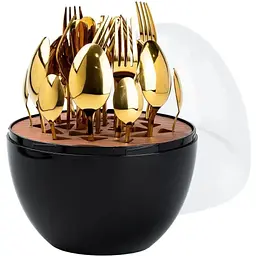 Набір столових приладів TS Kitchen Чорний на 6 персон із нержавіючої сталі золотистий 24 штуки в яйці