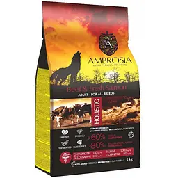 Уцінка. Сухий корм Ambrosia Grain Free для дорослих собак усіх порід з яловичиною та свіжим лососем 2 кг 27.11.26 - мініатюра 1