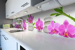 Кухонний фартух Рожеві Орхідеї і Бамбук для кухні наклейка квіти камені Білий 60х200 см Happy Pocket Z180546