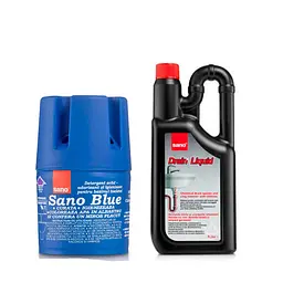 Бачок для миття унітазу Sano Blue Flash, 150 г & Рідина для очищення труб Sano, 1 л (287607, 117916)