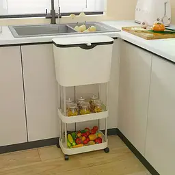 Кухонний візок з урною для сміття для зберігання та організації простору • Багатофункціональна етажерка для кухні на колесах - мініатюра 3