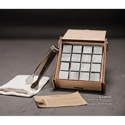 Подарунковий набір Whiskey Stones камені для віскі зі стеатиту в дерев'яній скриньці 16 штук + мішечок + щипці - мініатюра 3