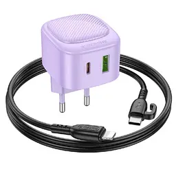 МЗП Borofone BAS22A Fortune PD20W+QC3.0 (1USB-A/1C) + кабель Type-C to Lightning Purple - мініатюра 2