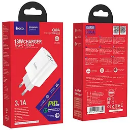 Зарядний пристрій Hoco 1USB C80A +Type-C QC3.0 3.1A White - мініатюра 2