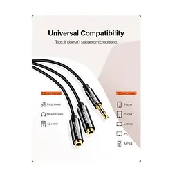 Аудіо кабель-адаптер AUX Ugreen AV134 3.5 мм Male to 2 Female Audi Cable 25 см (20816) - мініатюра 2