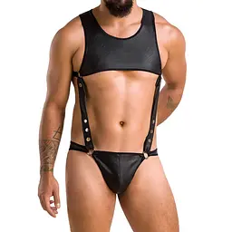 Чоловіче шкіряне боді Passion Adam 056 S/M, чорне, із заклепками