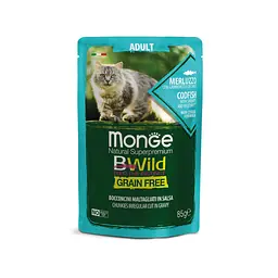 Беззернова консерва MONGE BWILD CAT з тріски з креветками та овочами для дорослих кішок 85 гр