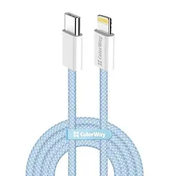 Кабель Type-C - Lightning, 1 м, синій, ColorWay, 27 Вт, 3A, Braided Cotton (CW-CBPDCL061-BL)