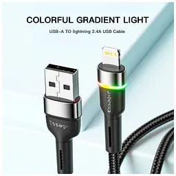 Дата кабель USB 2.0 AM to Lightning 2.0m 2.4A LED black Essager (EXCL-XCDA01) - мініатюра 4