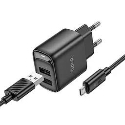 Мережевний зарядний пристрій Hoco C141A Smart 2.1A 2USB-A + кабель USB to MicroUSB Black - мініатюра 3