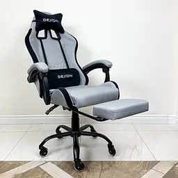 Геймерське крісло DEXON ORION X з підставкою для ніг, з тканини+подушки велюр, металева хрестовина, Сірий - мініатюра 4