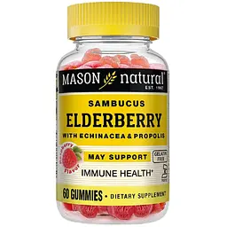 Бузина з ехінацеєю та прополісом Elderberry With Echinacea & Propolis Mason Natural 60 жувальних цукерок смак малини