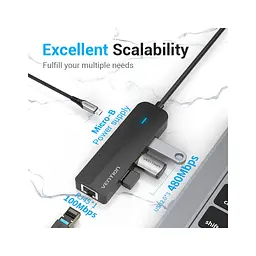 Концентратор Vention USB 3.1 Type-C to 3xUSB 2.0+MicroUSB+RJ45 100M Ethernet black (TGOBB) - мініатюра 3