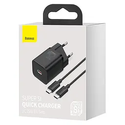 МЗП Super Si Quick Charger PD25W (1USB-C) + кабель Type-C to Type-C (TZCCSUP-L) Чорний Baseus teh0029621 - мініатюра 2