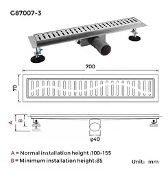 Душовий трап Gappo 70х700 мм, нержавіюча сталь G87007-3 - мініатюра 6